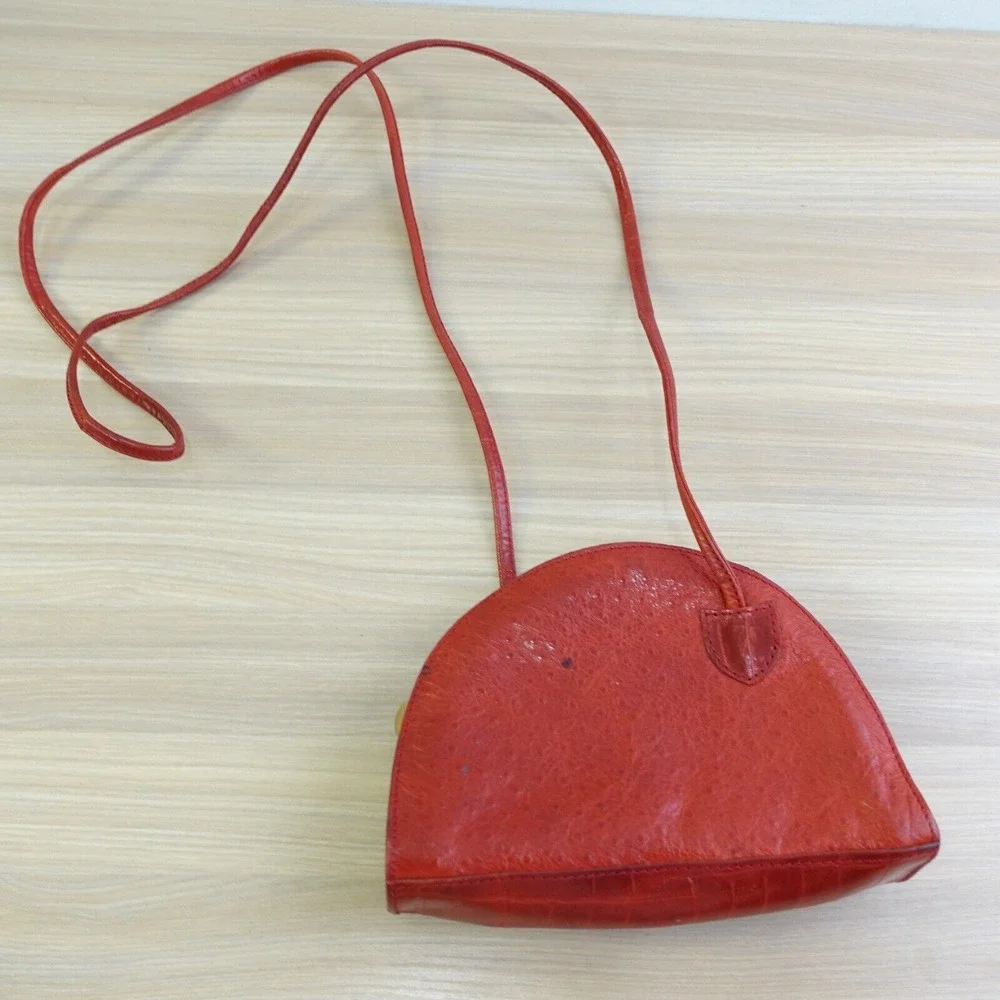 Vintage Ostritch Crocodile Half Moon DANIELLE NICOLE Crossbody Purse S Red ITALY - Picture 16 of 16
